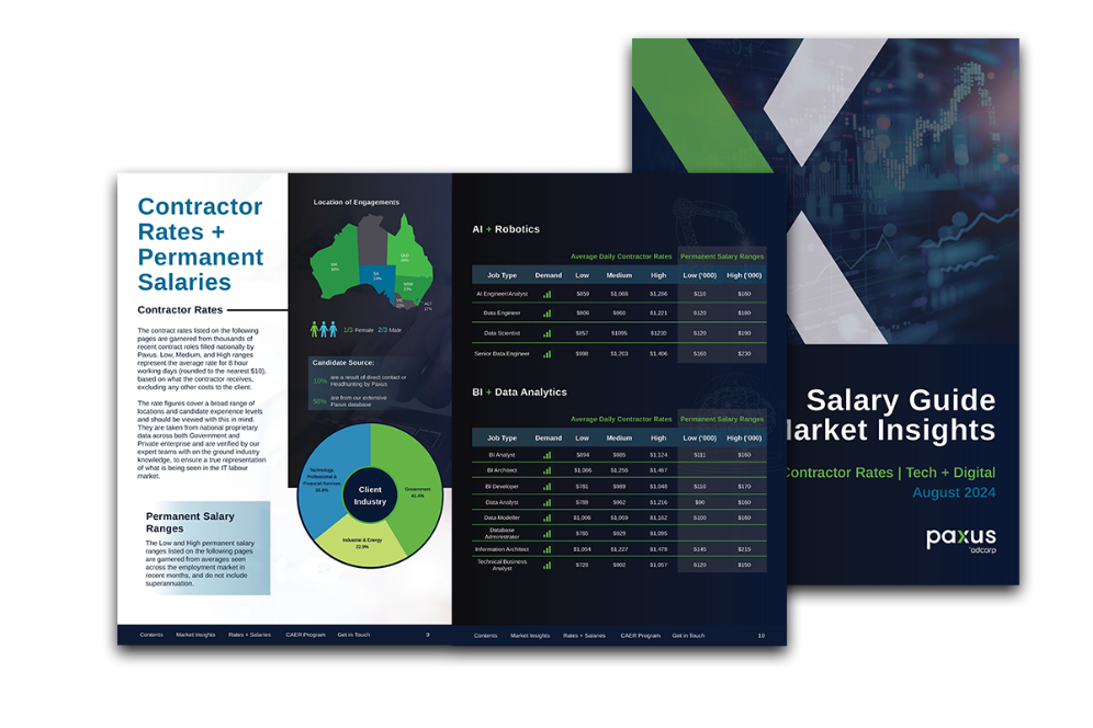 An open brochure titled "Salary Guide Market Insights" by Paxus displays pages with contractor rates and permanent salaries. The detailed content includes graphs, charts, and tables with data on customer rates, industry analysis, and market statistics.