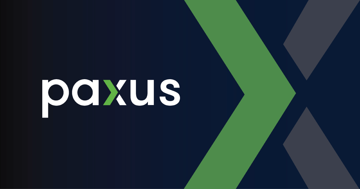 Logo of Paxus with stylized text. The word "paxus" is written in lowercase, white letters on a dark blue background. The letter "x" is green, and a large green and gray arrow design points to the right in the background.