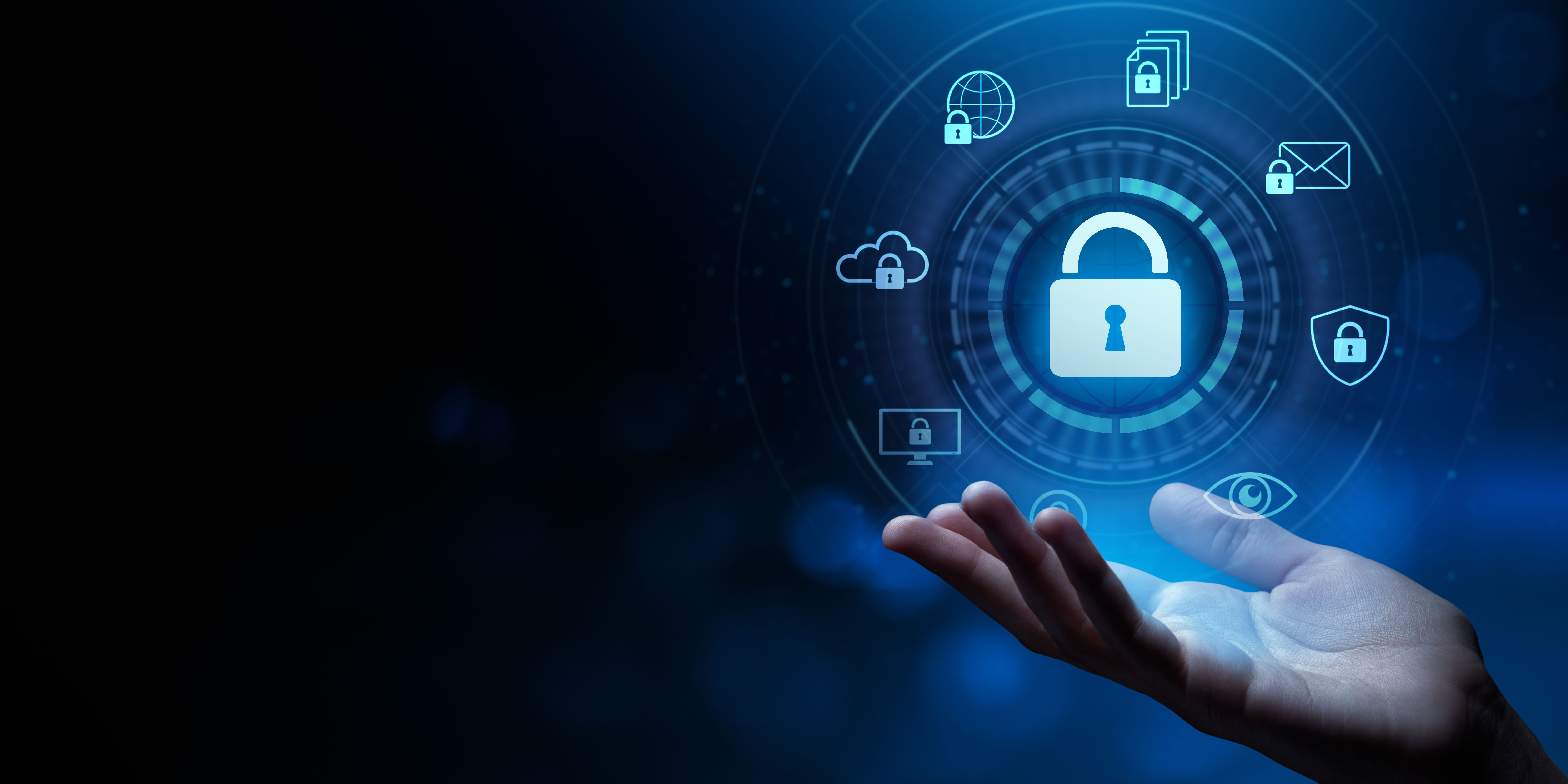 A hand reaching out to a digital padlock icon surrounded by various technology and security icons, such as a cloud, globe, documents, email, and eye, all set against a dark blue background. The image represents cybersecurity and data protection.