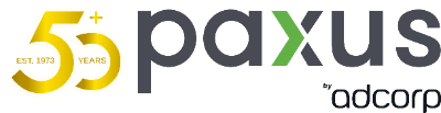 Logo with text: "50+ Est. 1973 years Paxus adcorp". The "50+" and "Est. 1973 years" are in gold, while "Paxus" is in black with a green 'X'. The word "adcorp" appears in small black font.