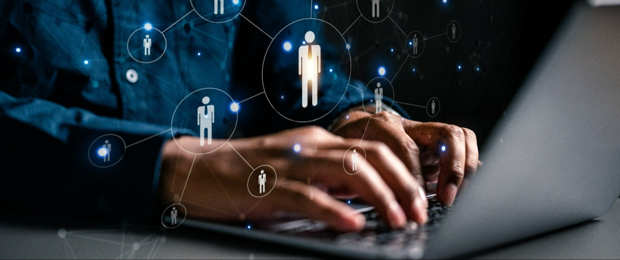 A hand reaching out to a digital padlock icon surrounded by various technology and security icons, such as a cloud, globe, documents, email, and eye, all set against a dark blue background. The image represents cybersecurity and data protection.