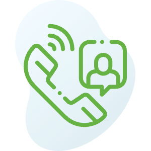 Show thumbnail preview Blue and green abstract illustration. A green phone icon with sound waves is on the left. On the right, a green chat bubble with a person silhouette inside. The design suggests communication or a phone call.