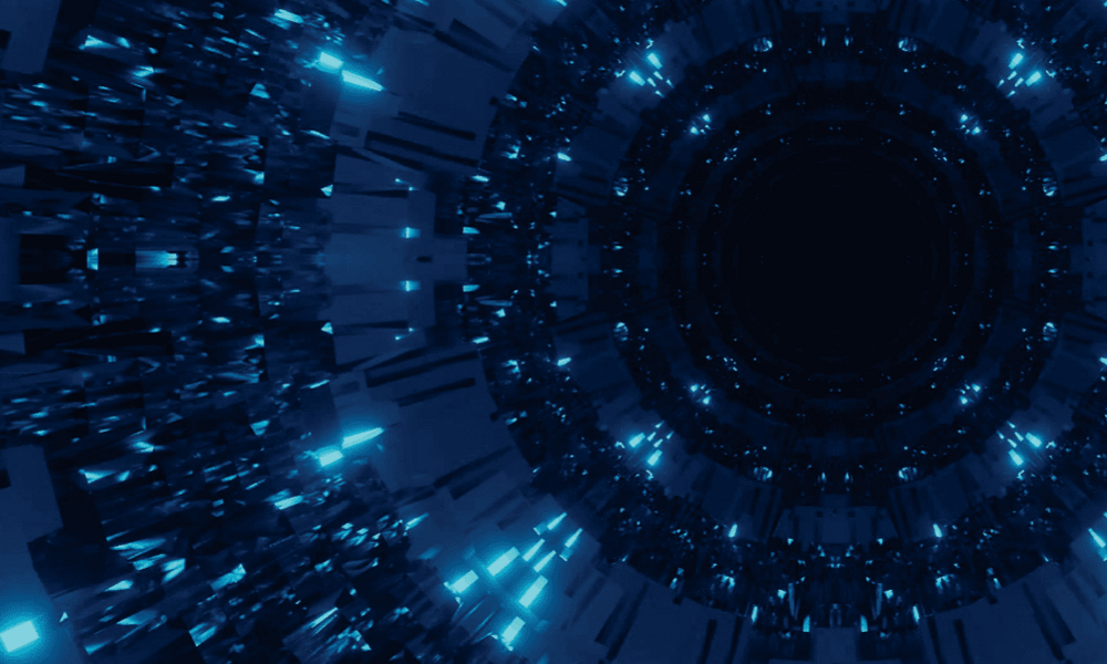 Abstract image of a futuristic blue tunnel with digital patterns and lights.